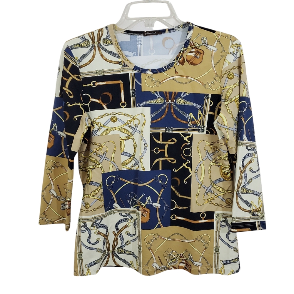 J. McLaughlin Shirt Equestrian Bridle Print 3/4 Sleeve Brown Blue Catalina Large